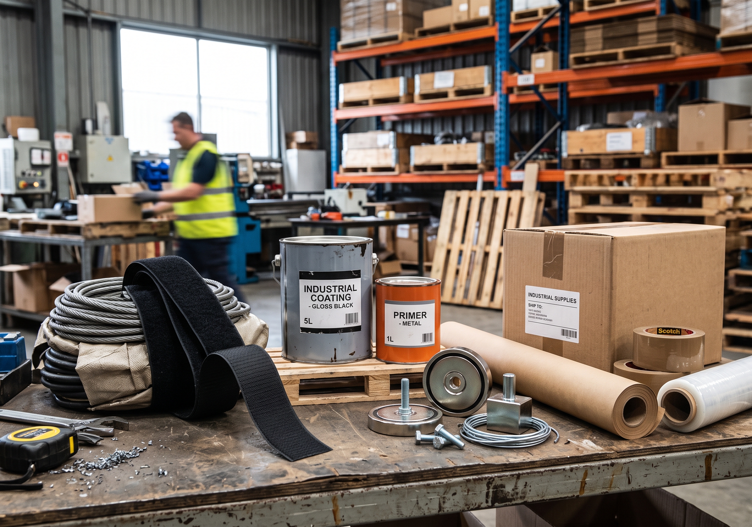 Industrial materials: hook and loop fasteners, magnets, paint cans, packaging