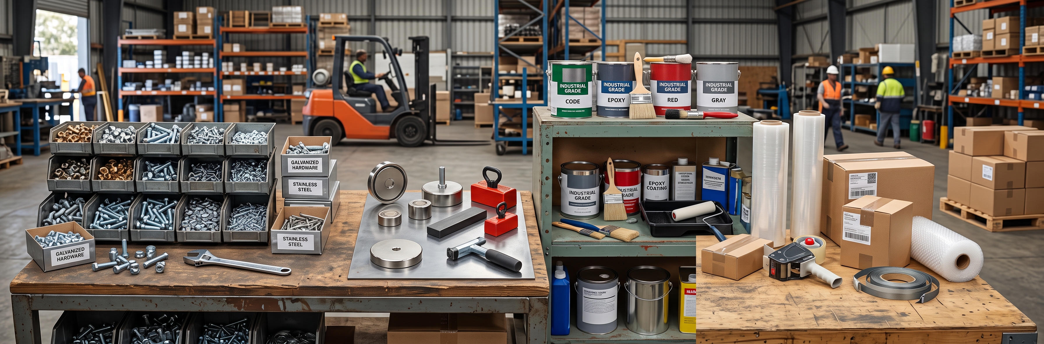 industrial fasteners, magnets, paint cans, and packaging supplies