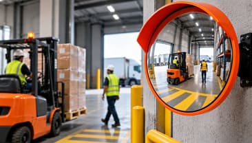 Convex safety mirror installed at a warehouse aisle corner to improve visibility