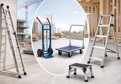 Workers using site equipment on a commercial construction project