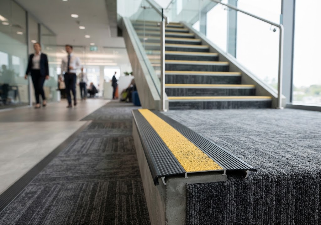 Commercial stair nosing on office staircase — slip-resistant edge protection