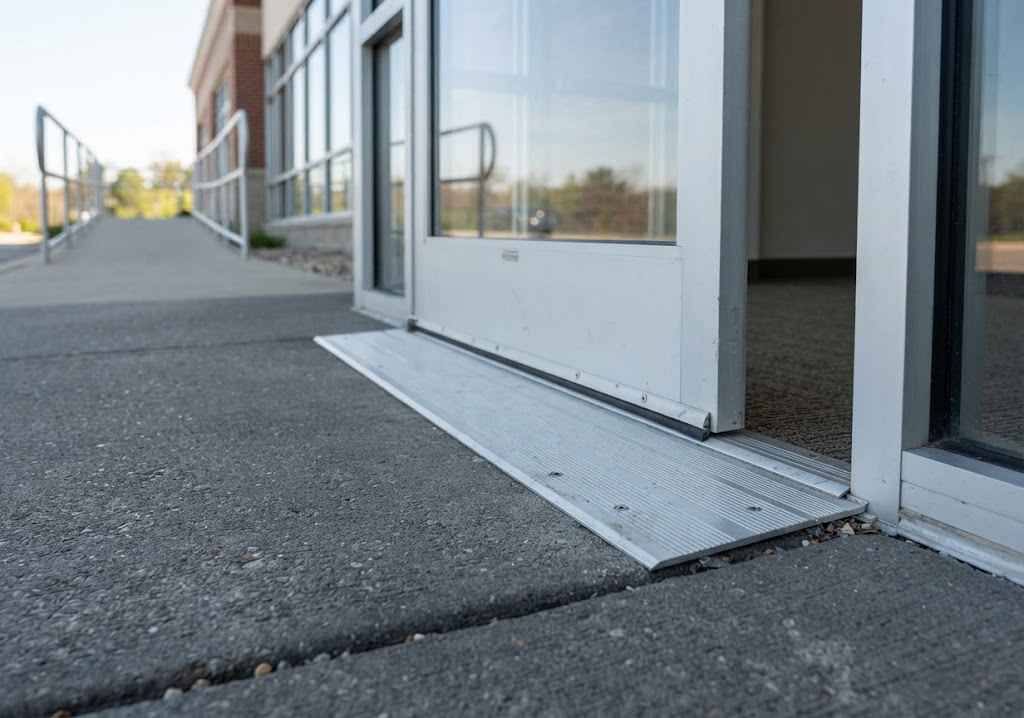 Commercial exterior door threshold fitted for safety and accessibility
