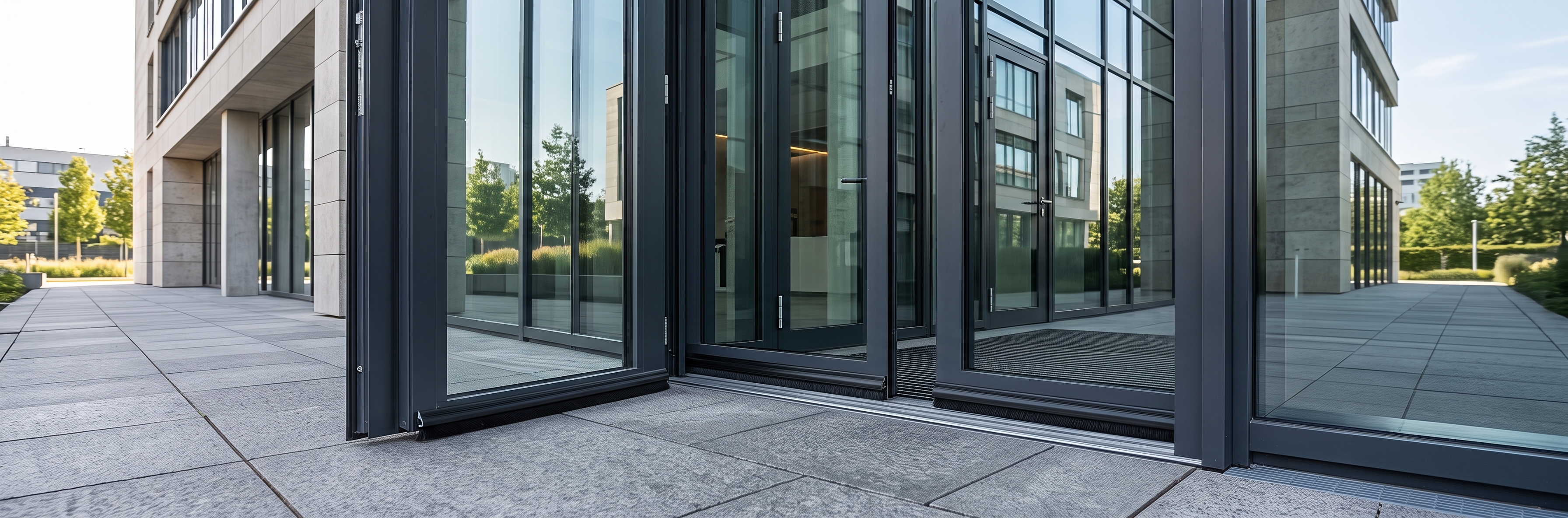 Commercial building entrance featuring heavy-duty weather-sealed thresholds