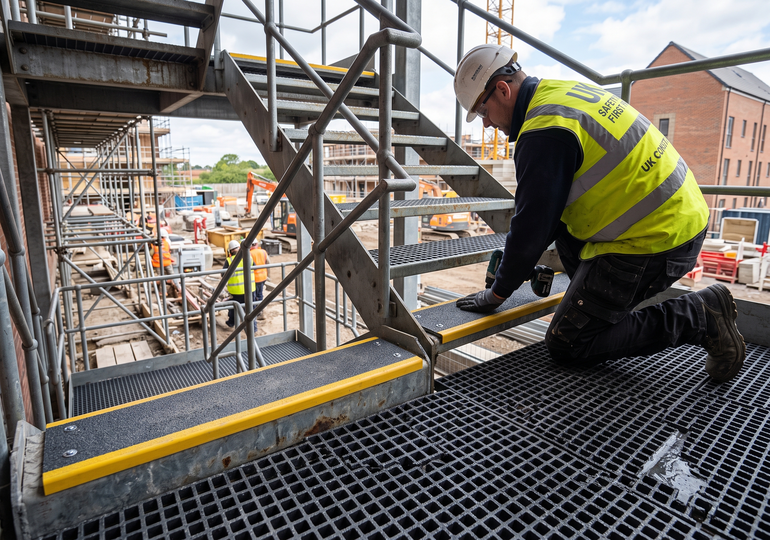 GRP anti-slip stair tread covers and grating for UK construction safety
